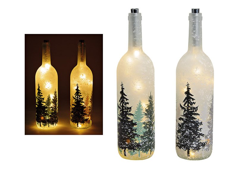 Glass bottle winter forest design, with 10 pcs led lights, white color, 2 ass. 9x35x9cm