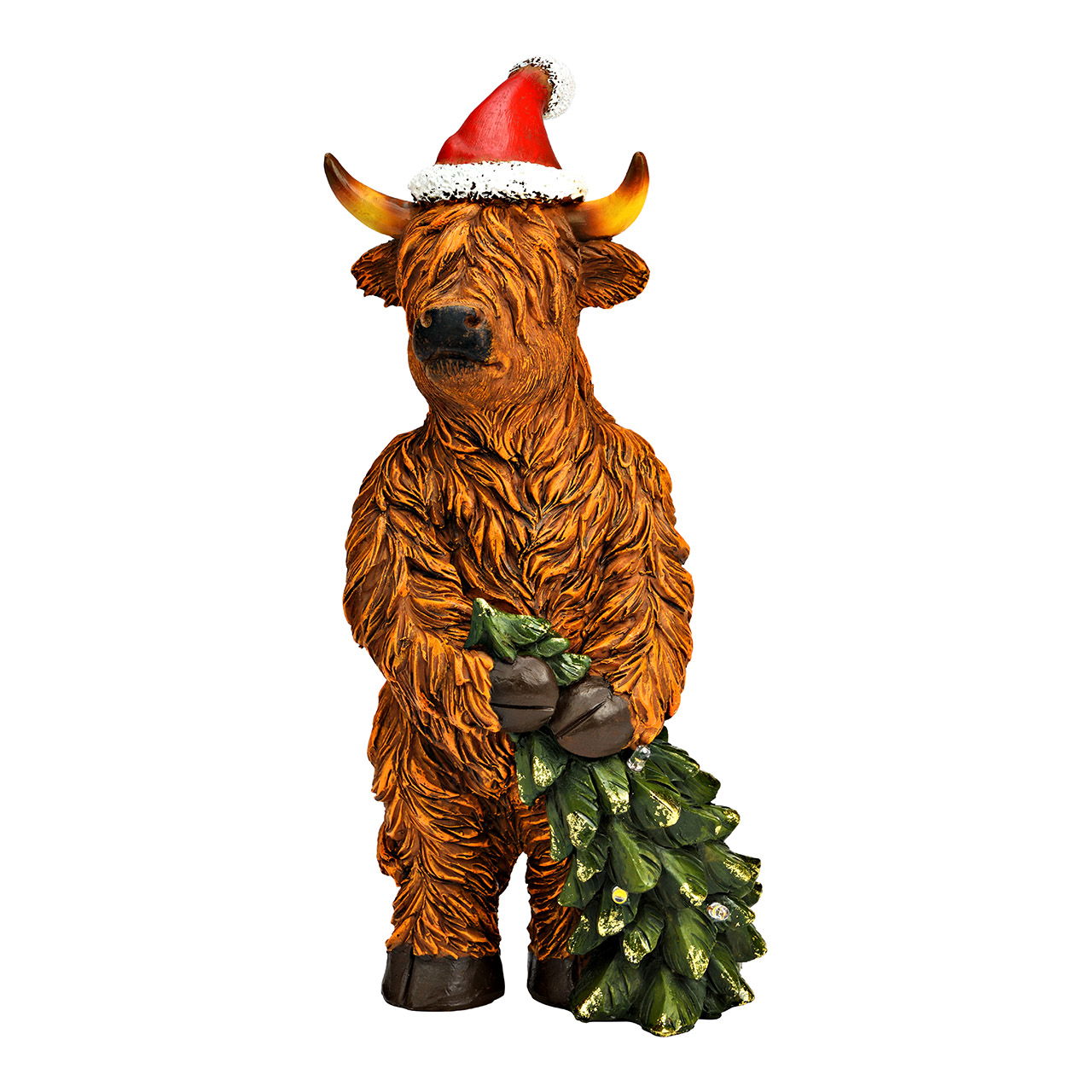 Figur Highland-Kuh mit Tannenbaum mit LED aus Poly, Braun (B/H/T) 15x31x12cm Batteriebetrieb 2xLR44 nicht enthalten