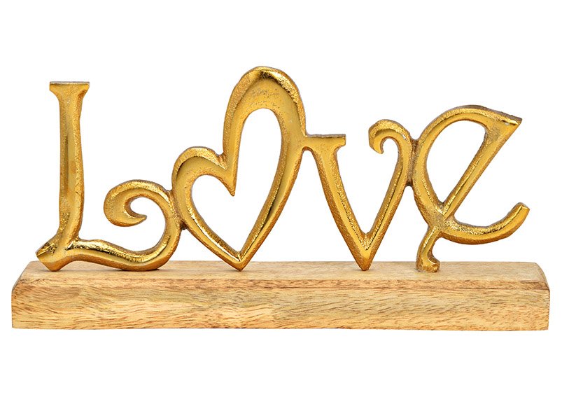 Espositore con scritta Love, su base in legno di mango in metallo dorato (L/H/D) 25x12x5cm