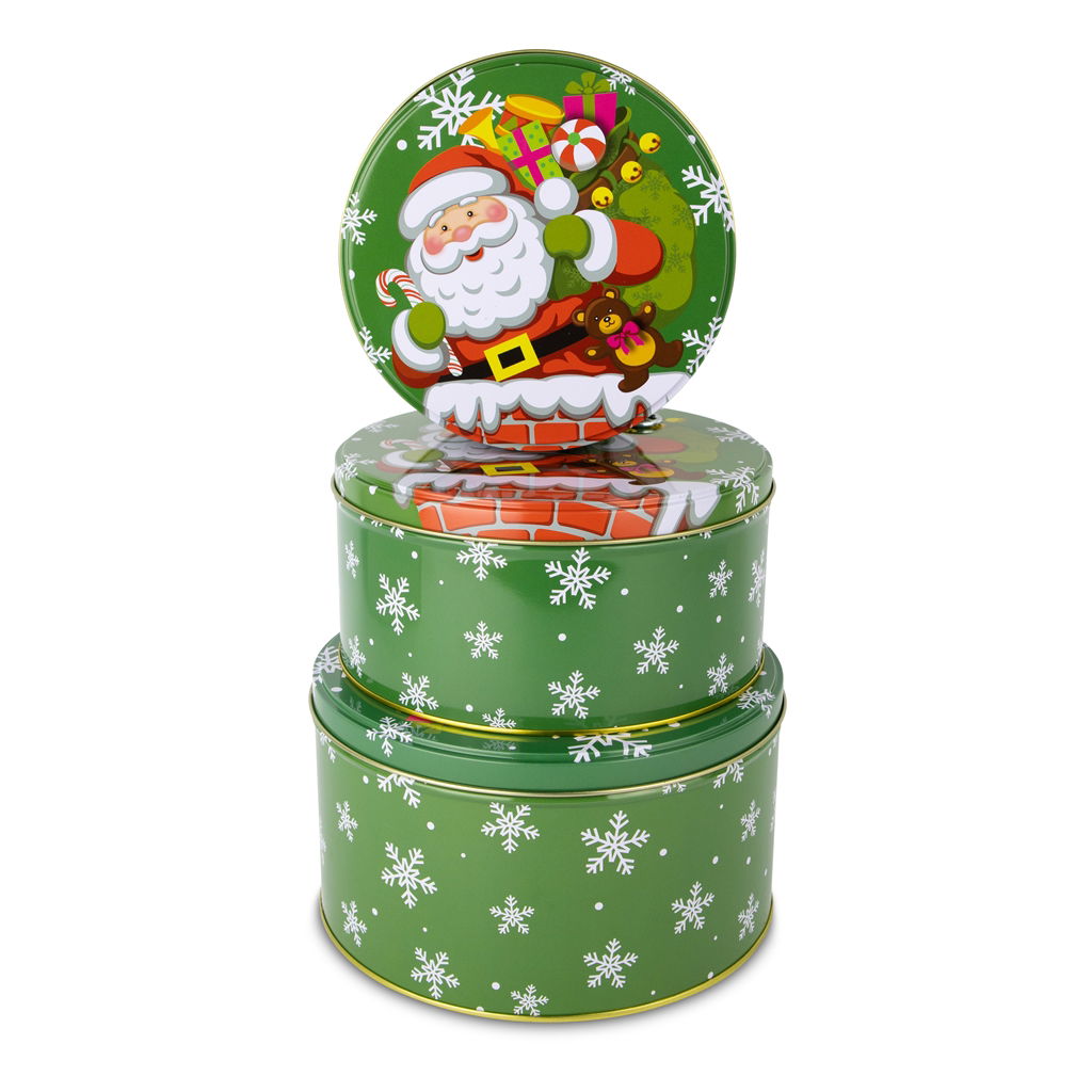 Santa in a chimney cookie tin set, metal, 14x7/16x8/18x10cm, 3 pieces/set, green-red, EAN-S: 4065557005034, EAN-M: 4065557005041, EAN-L: 4065557005058 Santa in a chimney cookie tin set, metal, 14x7/16x8/18x10cm, 3 pieces/set, green-red, EAN-S: 4065557005034, EAN-M: 4065557005041, EAN-L: 4065557005058