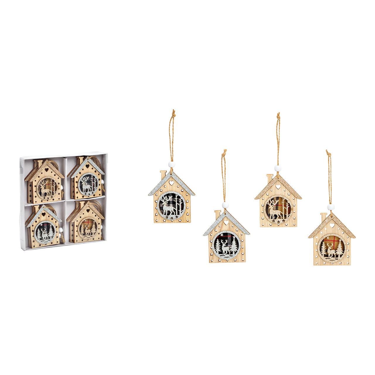 Kersthanger huis winter bosdecor van hout, set van 8, natuur (B/H) 7x8cm