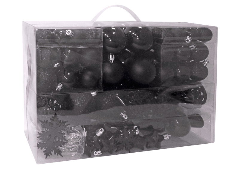 Set de boules de Noël en plastique Noir 111 pièces, (L/H/P) 36x23x12cm Ø 3/4/6 cm