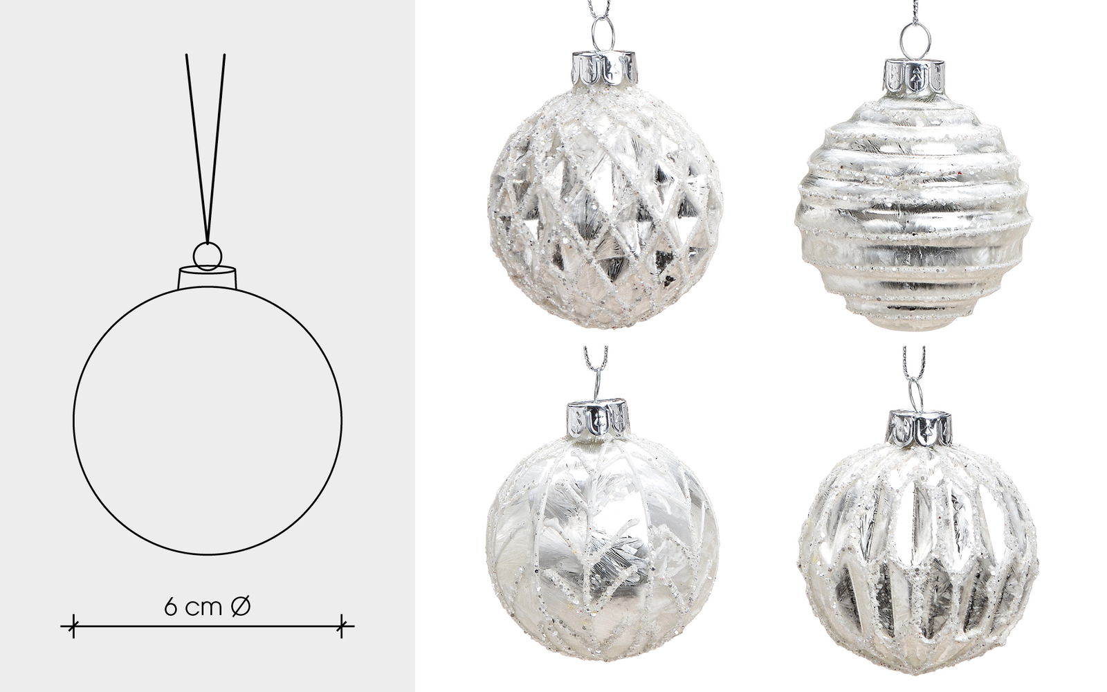 Weihnachtskugel Glitter aus Glas, 4-fach, Weiß/Silber Ø6cm Zubehor, Ohrring, Schmuck, Silber, Anhänger