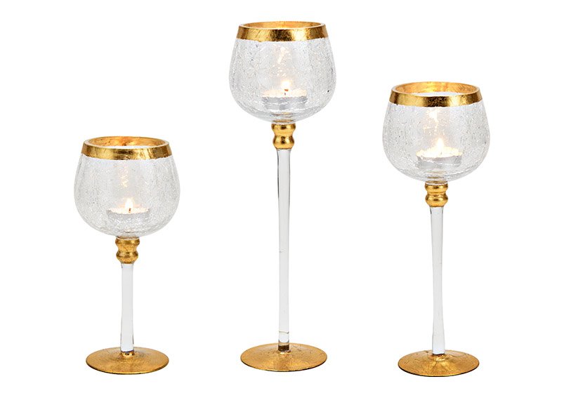 Wind light set chalice cracking glass Transparent, gold set of 3, 20cm/25cm/30cm x Ø9cm