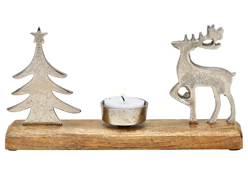 Porte-bougie à chauffe-plat Arbre, décor cerf sur socle en bois de manguier, métal argenté (L/H/P) 23x12x5cm