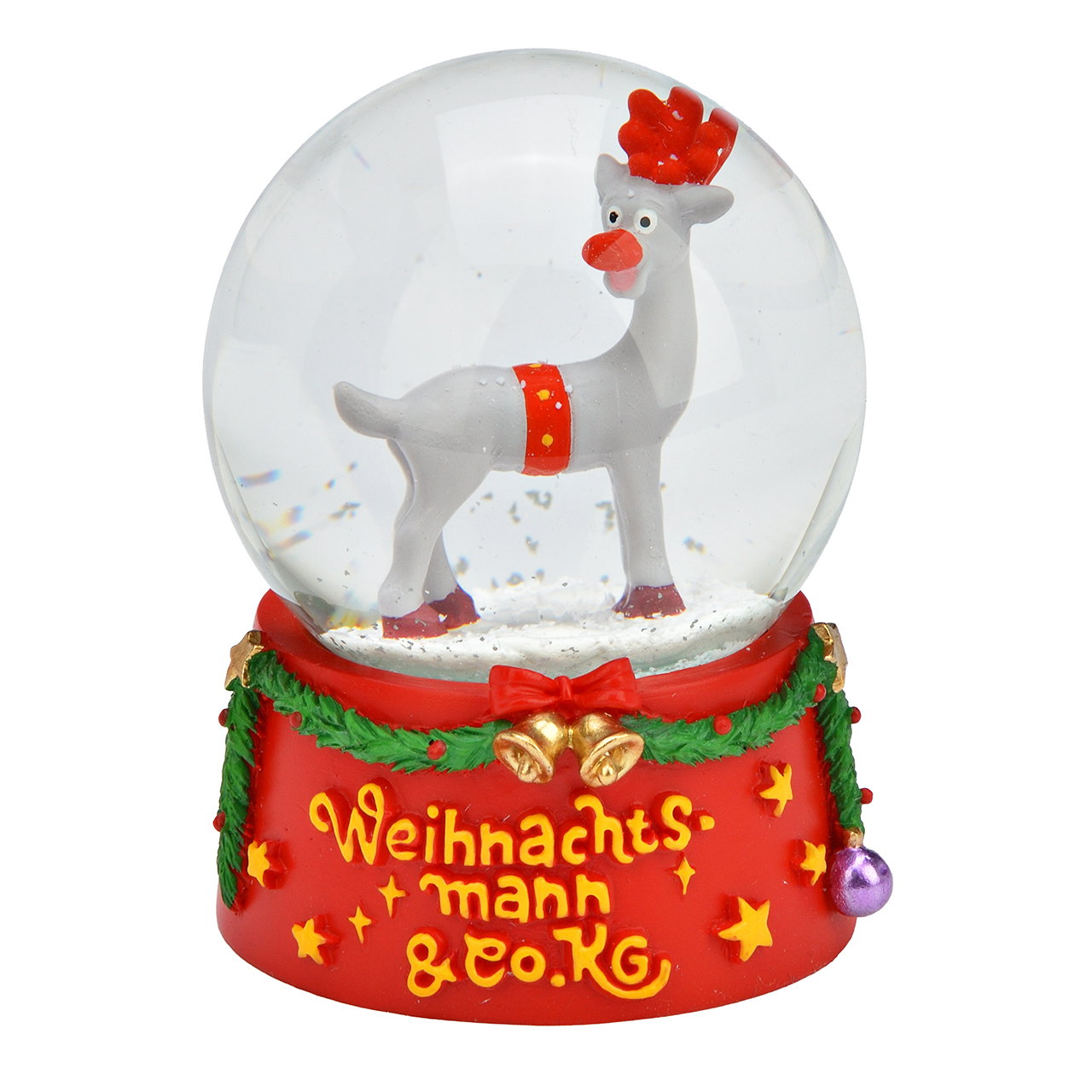 Weihnachtsdeko, Schneekugel, Rentier, Rot-grün, Basisglitzer, Schneekugel, Rentier, Weihnachtsdeko, Stativ base, Glitzer flakes