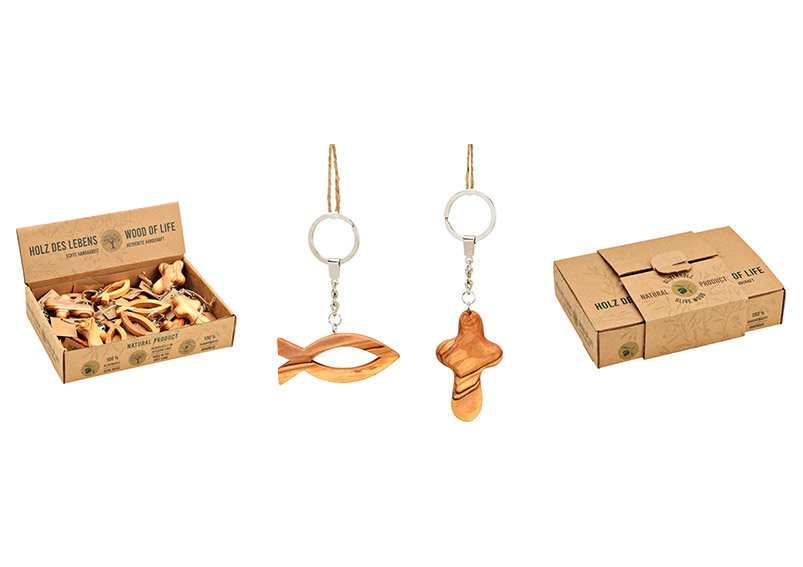 Keychain fish/cross, 2 assorted, handmade from olive wood, in display