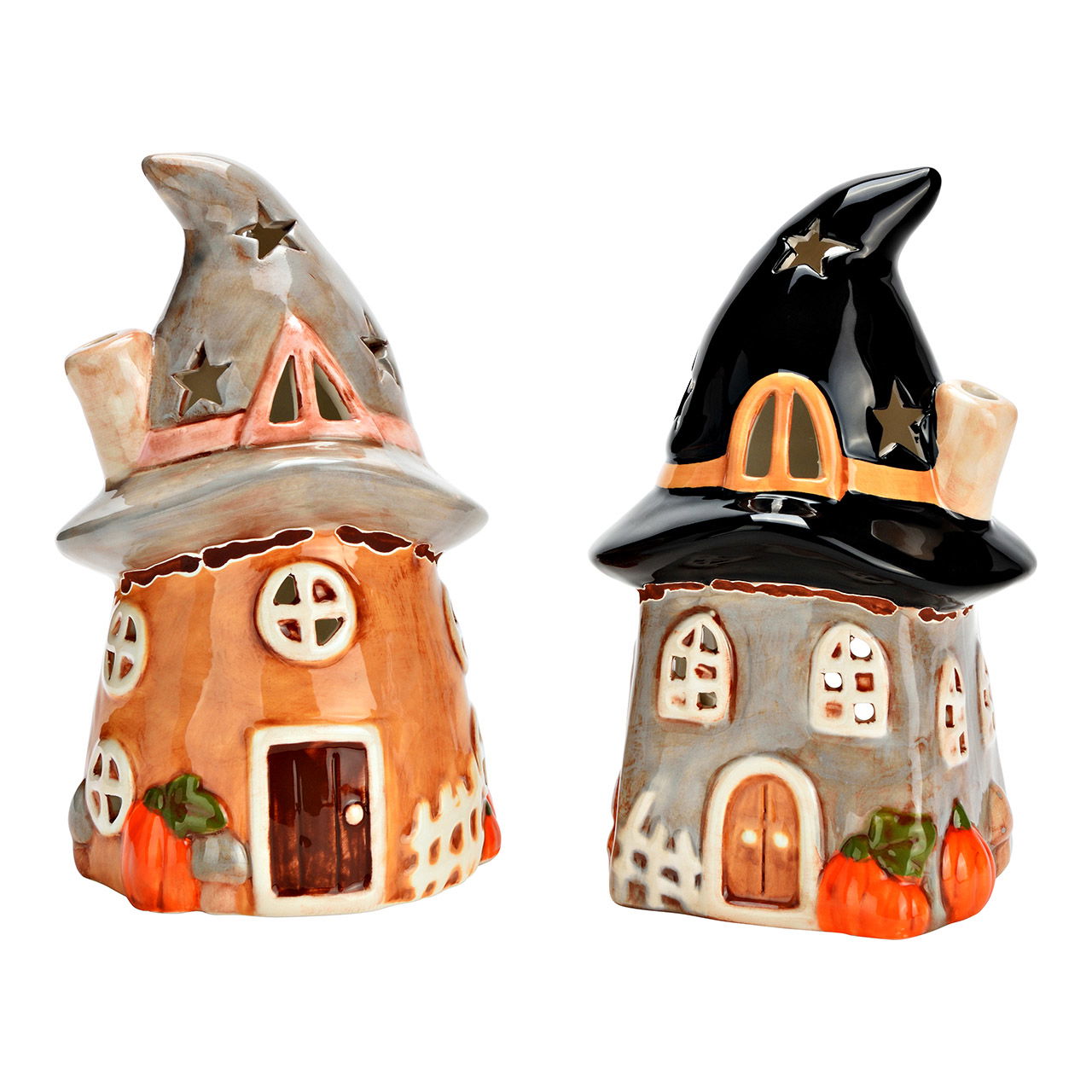 Windlicht Hexenhaus Halloween aus Keramik, 2-fach, Bunt (B/H/T) 10x17x10cm