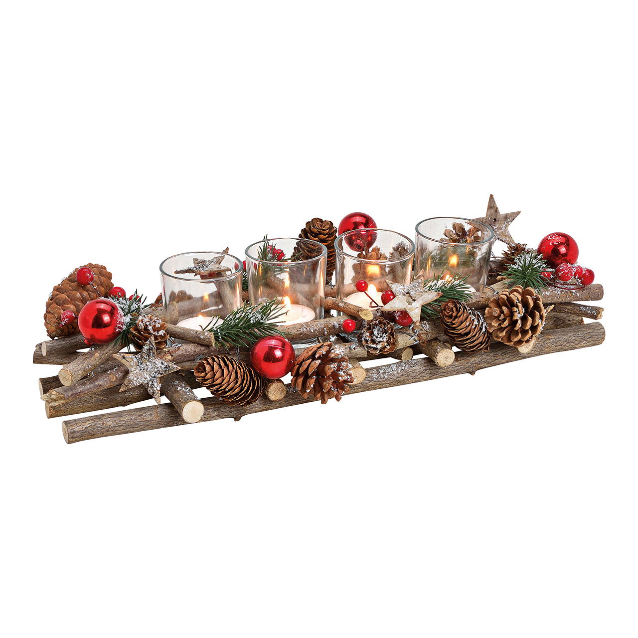 Adventsgesteck aus Holz/Glas, Braun, Silber, Rot (B/H/T) 40x10x17cm