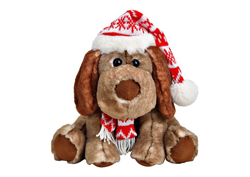 Hund mit Weihnachtsmütze aus Plüsch Braun (B/H/T) 23x24x25cm