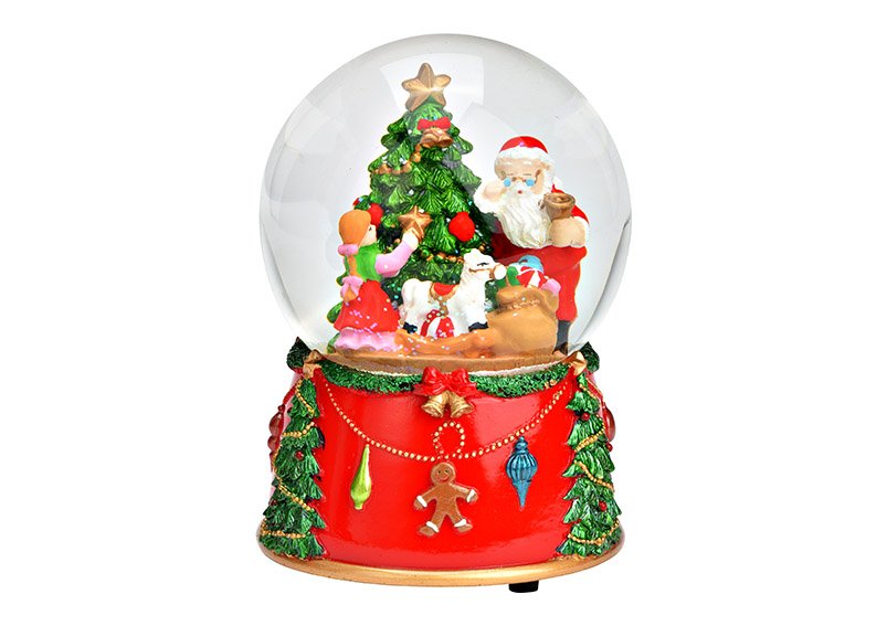 Spieluhr/Schneekugel Weihnachtsszene aus Poly rot (B/H/T) 10x15x10cm
