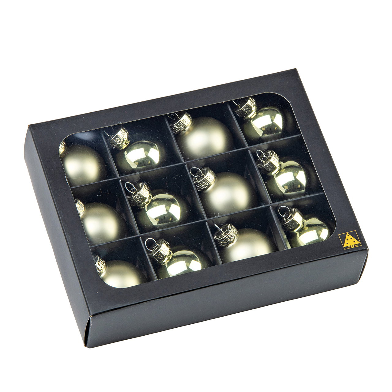 Boule de Noël RW_16361 en verre vert, lot de 12 (L/H/P) 4 x 4 x 4 cm Weihnachtskugeln, Glasornamente, Kugeln Set, Silberfarben, 9er Box