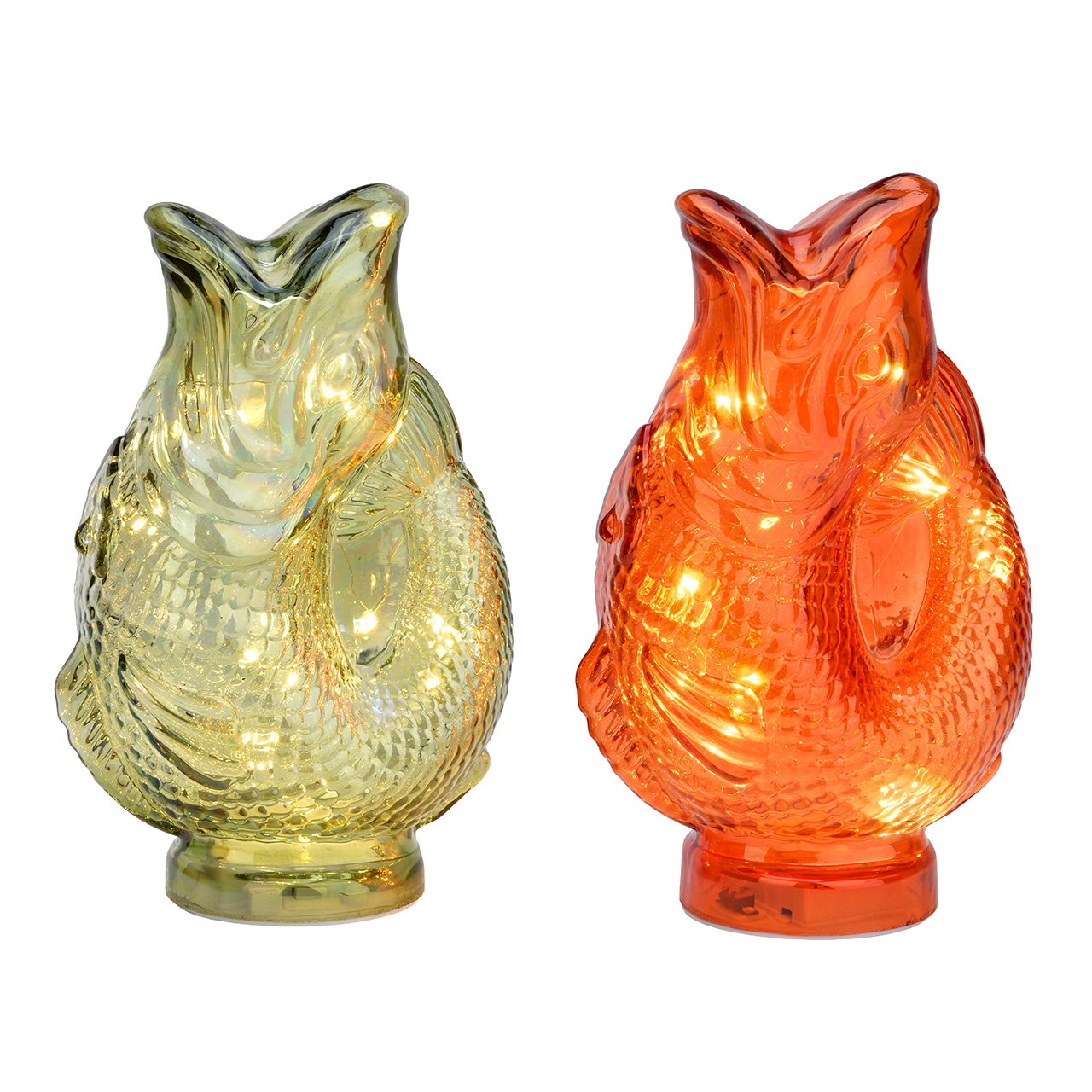 Pesci in vetro rosso/verde, assortimento doppio (L/A/P) 14x23x8 cm, batterie 3xAAA escluse Glassfigur, Fischform, Grün, Orange, Stilglas