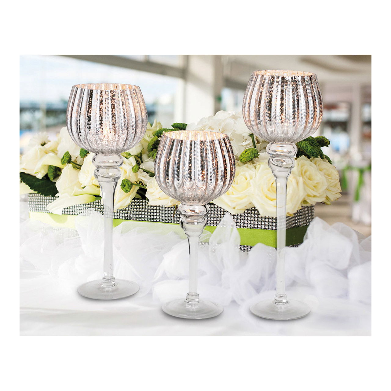 Wind light set goblet fluted, 30, 35, 40 cm x Ø13cm made of silver glass set of 3 Wind light set goblet fluted, 30, 35, 40 cm x Ø13cm made of silver glass set of 3