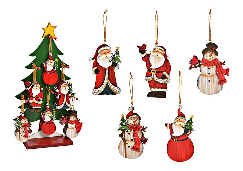 Kersthanger kerstman, sneeuwpop, 48 st. op boomstandaard 30x54x10cm gemaakt van hout gekleurd 5-voudig, (w/h/d) 7x12x1cm