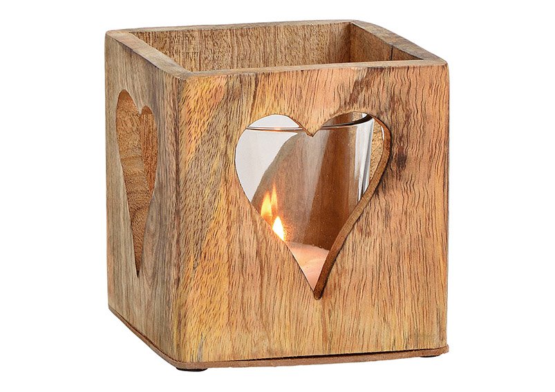 Windlicht Herz Dekor aus Mangoholz, Glas Braun (B/H/T) 12x12x12cm
