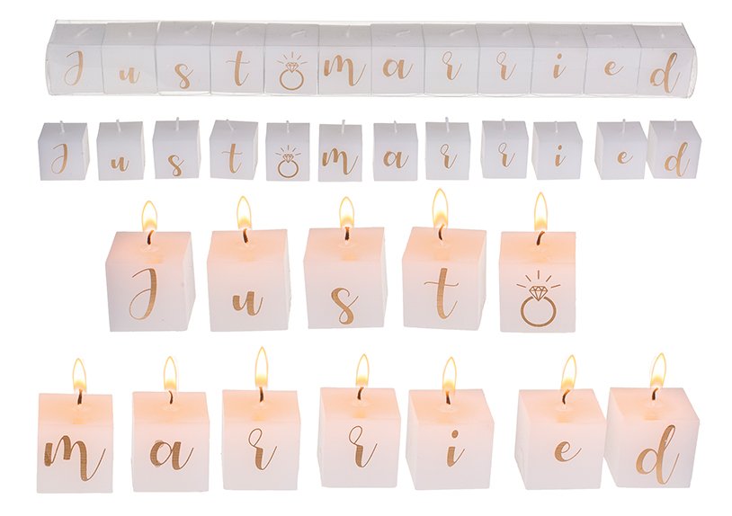 Bloc de bougies avec écriture, Just married dans une boîte en plastique en cire blanche Set de 12, (L/H/P) 36x3x3cm