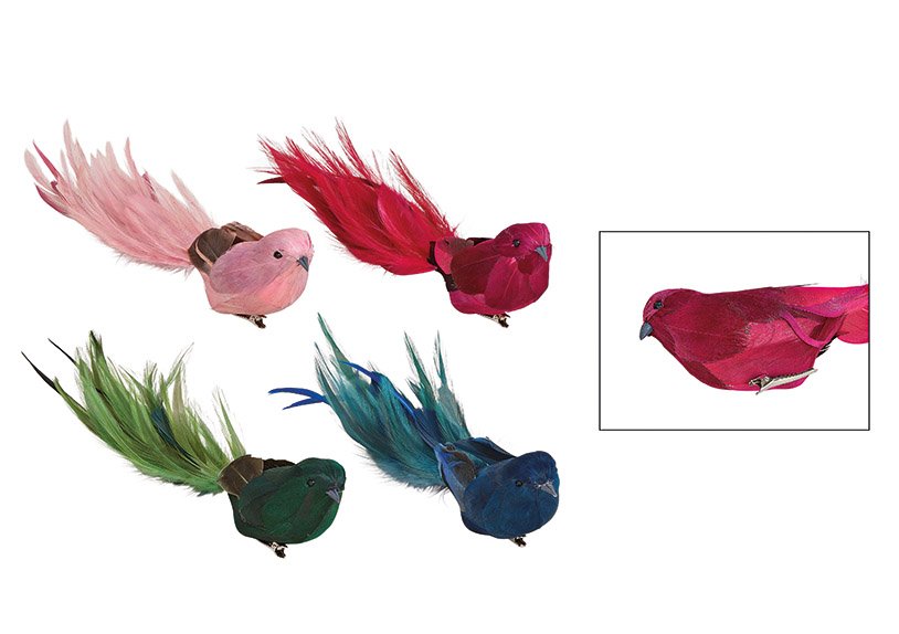 Bird with clip plastic, feather colorful 4-asst. 6x27x5cm