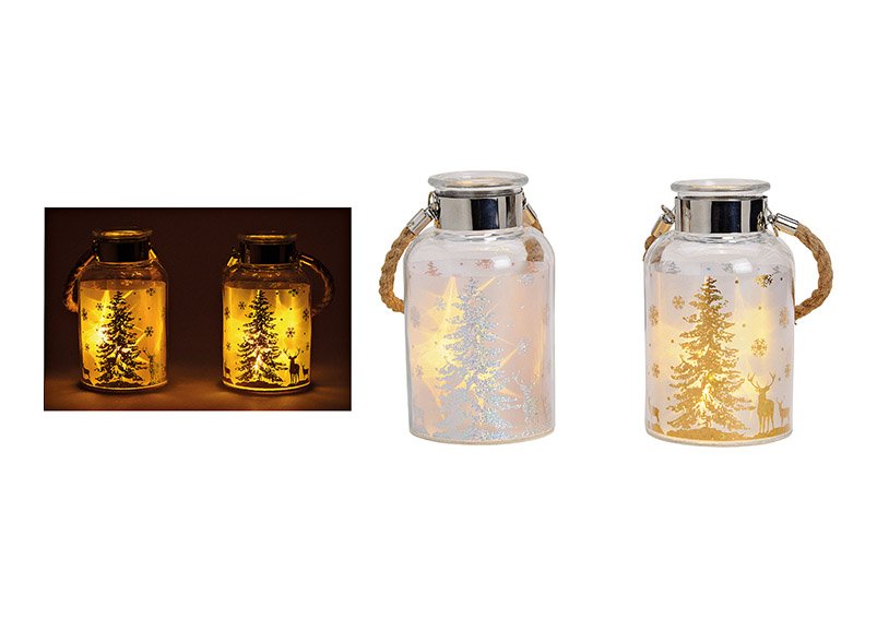 Windlight, winter forest design, with 5 pcs led lights, made of glass, silver gold color, transperant, 2 asst. 10x18x10cm