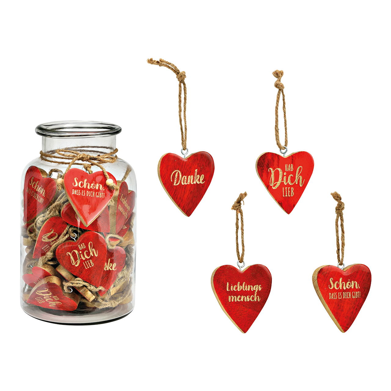 Hanger hart met belettering van mangohout rood 4-voudig, (B/H/D) 7x8x1cm, 60 stuks in een potje