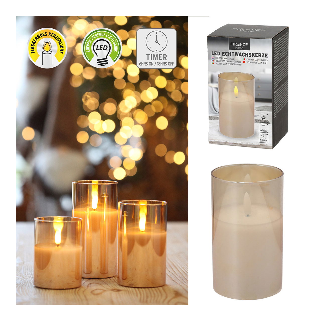 Candela di cera a LED in vetro dorato di plastica, cera bianca, luce bianca calda, tremolante, timer 6/18 ore, interruttore on/off/timer, senza batterie 2xAA, (H) 12,5 cm Ø7,5 cm Kerze