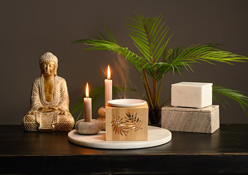 Lampada profumo foglia decorazione di bambù, natura ceramica, bianco (w/h/d) 12x10x12cm