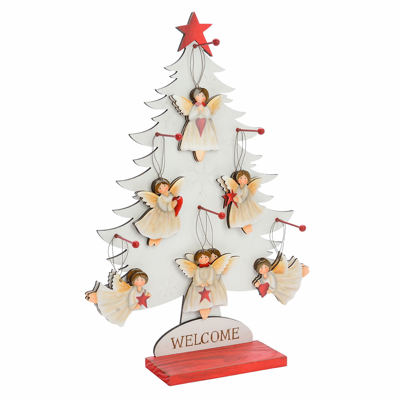Hänger Engel aus Holz Weiß 6-fach sortiert (B/H/T) 8x12x0.5cm auf Baumständer 35x57x10cm Weihnachten, Weihnachtsdekorationen, Festival, Person, Weihnachtsbaum