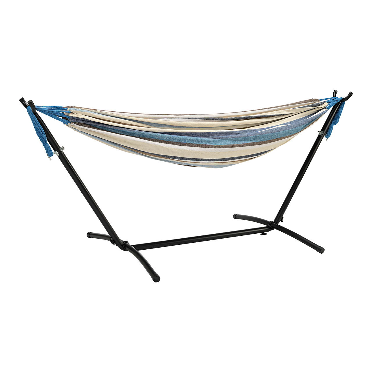 Hammock set, stander 260x100x100cm, stee tube dia 42mm, max weight 200 kgs, hammock size 200x150cm, rope size 285cm x4cm, set of 2, packing each piece packed in a black carry bad, then in brown master carton