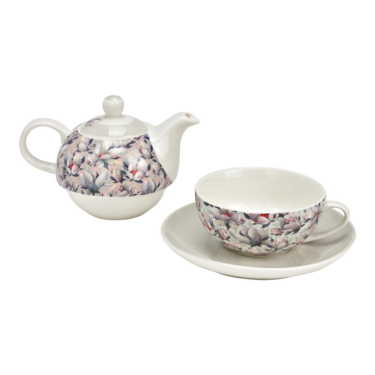 Set de 3 théières, décor fleurs de magnolia, en porcelaine beige (L/H/P) 15x16x15cm 400ml/250ml