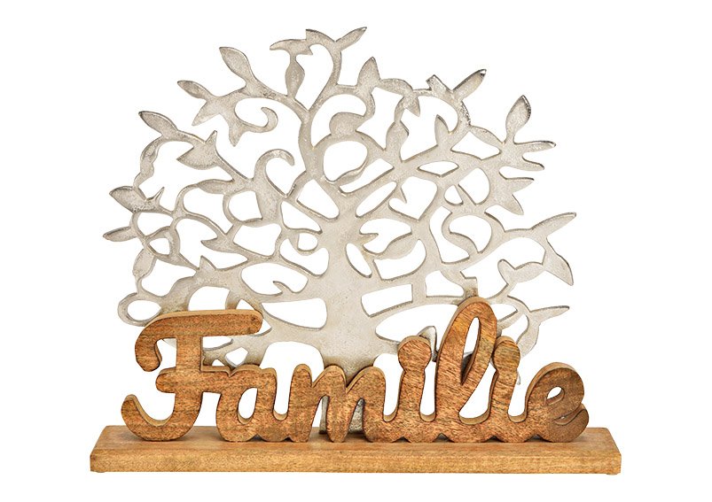 Présentoir arbre, avec inscription, famille, sur socle en bois de manguier, en métal argenté (L/H/P) 51x42x10cm