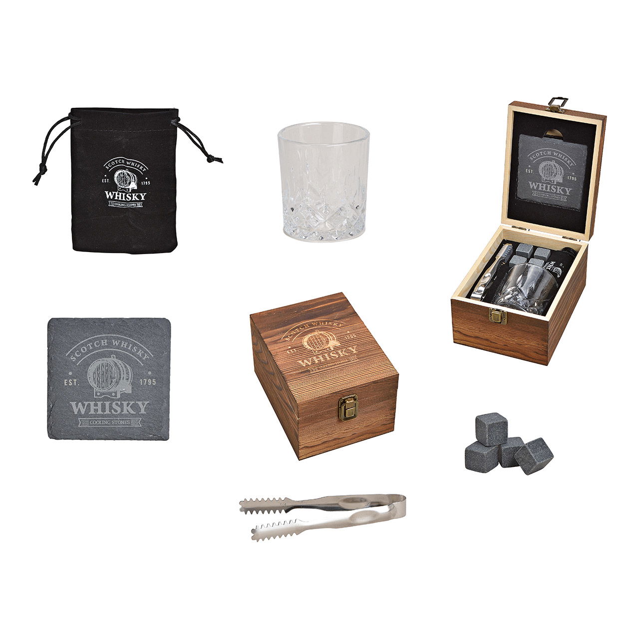 Whisky set, ijsblokjes van basaltsteen 2x2x2cm, 1 glas 9x8x9cm, 300ml, 1 tang, van transparant glas, set van 8, (B/H/D) 14x20x11cm Whisky set, ijsblokjes van basaltsteen 2x2x2cm, 1 glas 9x8x9cm, 300ml, 1 tang, van transparant glas, set van 8, (B/H/D) 14x20x11cm