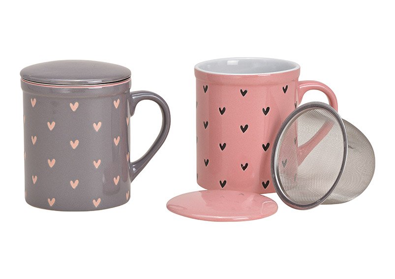 Tea mug heart decor metal sieve ceramic, pink/rose, grey 2-ass., 11x10x8cm 340ml