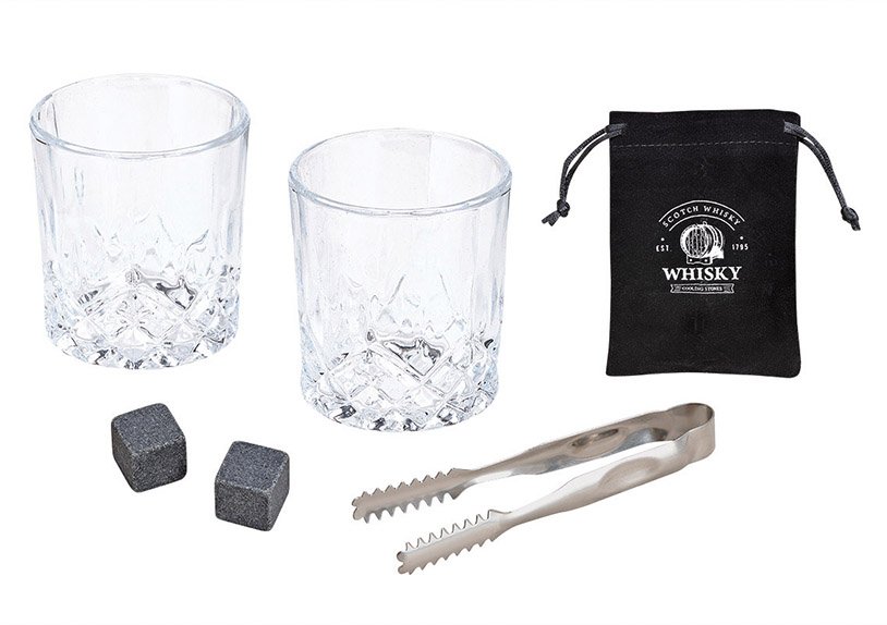 8pcs basalt stones + two 210ml glasses+ a black velvet bag with one white logo + a tong + a wooden box with one logo