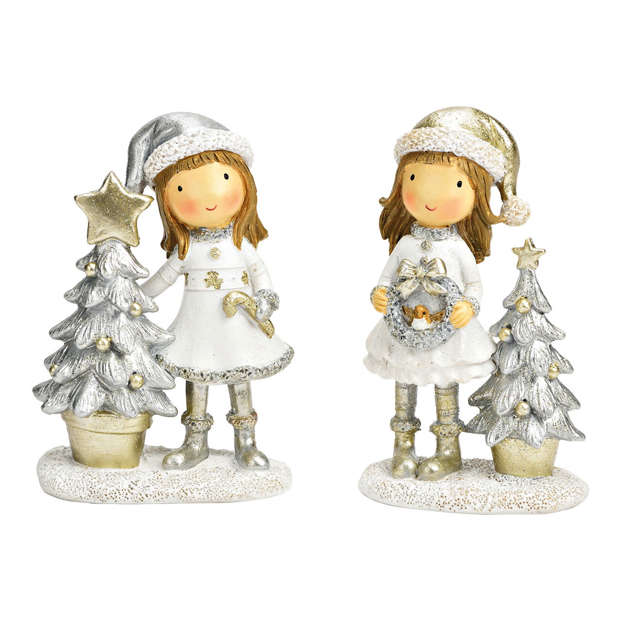 Winter child with Christmas tree made of poly gold, silver 2-fold, (W/H/D) 8x13x4cm