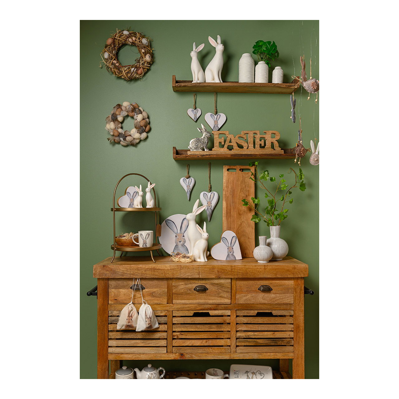 Espositore con scritte, Pasqua, decorazione coniglietto in metallo, in legno di mango naturale (L/H/D) 61x20x5cm