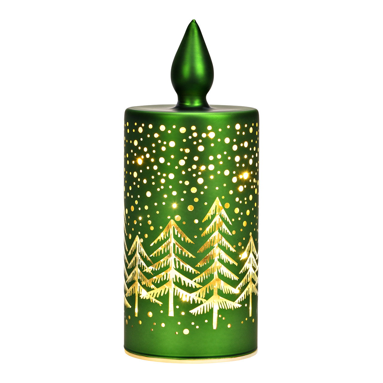 Bougie lumineuse LED décor forêt d'hiver en verre, vert (L/H/P) 8x20x8cm avec minuterie Fonctionnement sur piles 3xAA non incluses Bougie lumineuse LED décor forêt d'hiver en verre, vert (L/H/P) 8x20x8cm avec minuterie Fonctionnement sur piles 3xAA non incluses