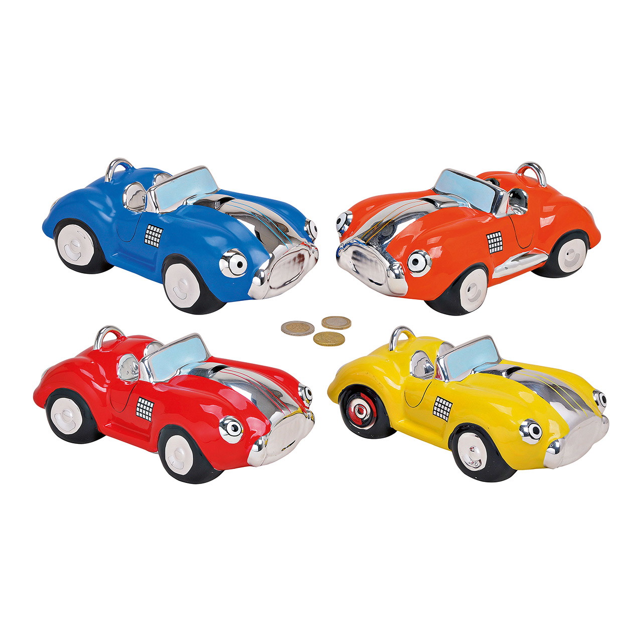 Spardose Auto aus Keramik, 4-fach sortiert, B20 x T12 x H9 cm Spielzeugauto, Auto-Set, Miniaturauto, Bunt, Geldfach/Schatzkasten