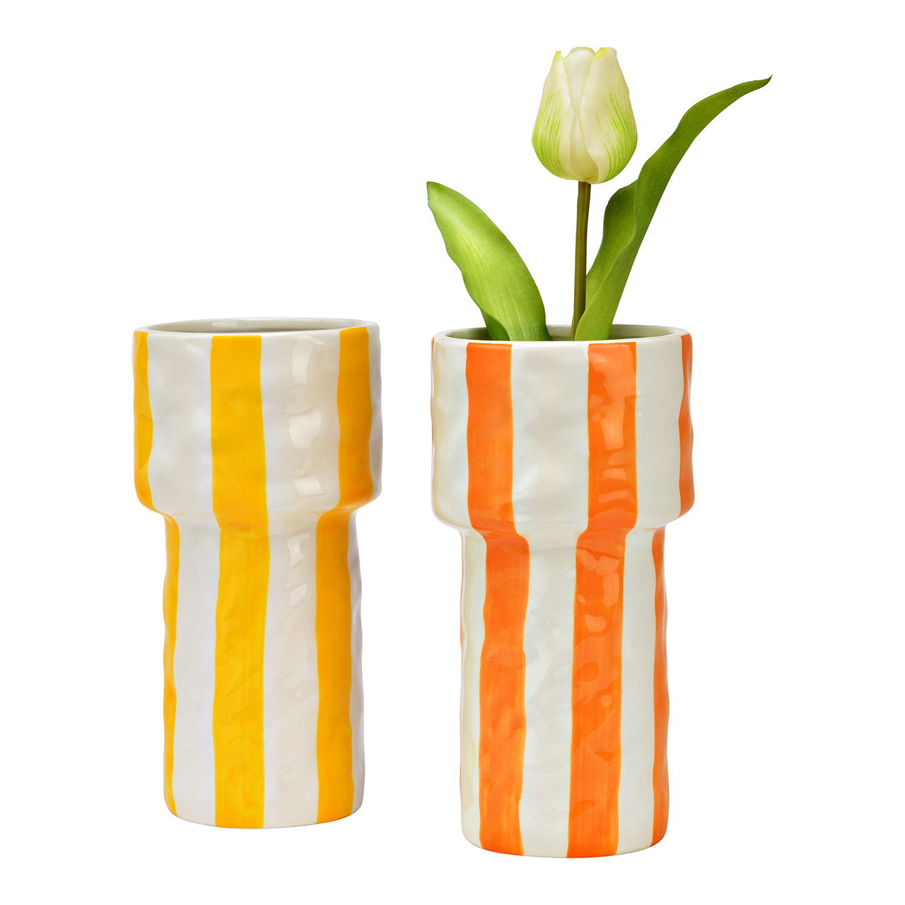 Vase gestreift für Trockenblumen aus Keramik, 2-fach, Gelb/Orange (B/H/T) 10x20x10cm Krug, Töpferei, Vase, Pflanzgefäß, Topfpflanze