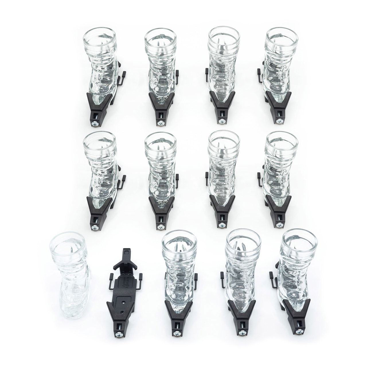 Apres-Allstars ski boots shot glass set with binding, lanyards set of 12, made of glass black 4cl glass 69x36x74mm, binding 110x38x24mm