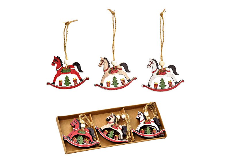 Hanging rocking horse 8x6x1cm set of 9, made of wood red, pink, white (W/H/D) 26x10x2cm