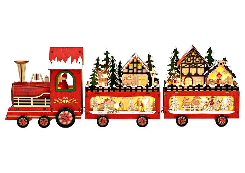 Winter scene Christmas train with LED, battery operation 2xAA not included, double function battery box with timer made of wood red (W/H/D) 56x19x8cm