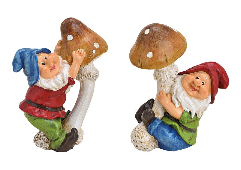 Garden gnomes with mushroom made of poly colorful 2-ass, 14x19x8cm