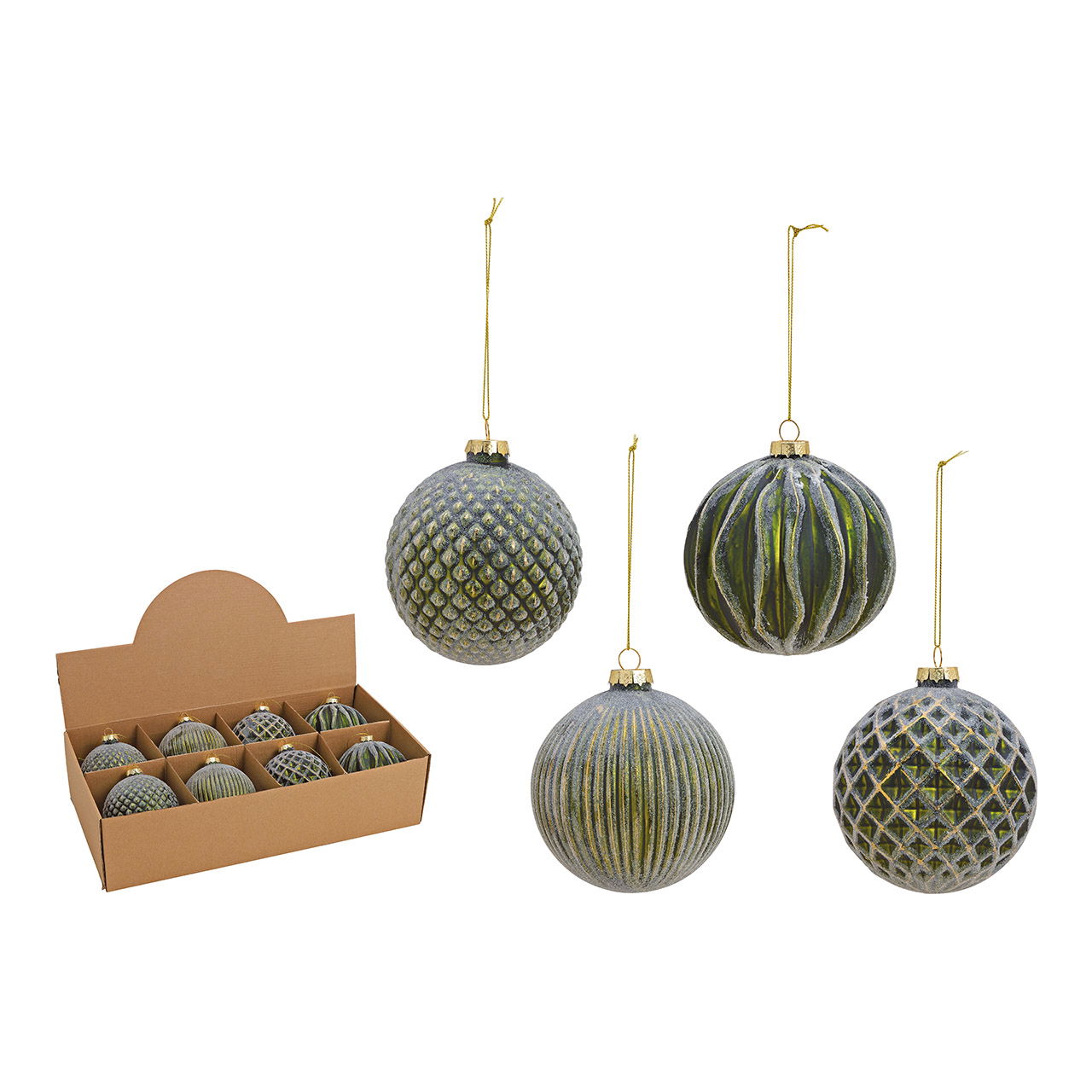 Weihnachtskugel aus Glas, 4-fach, Grün/Gold Ø10cm Weihnachtskugel aus Glas, 4-fach, Grün/Gold Ø10cm