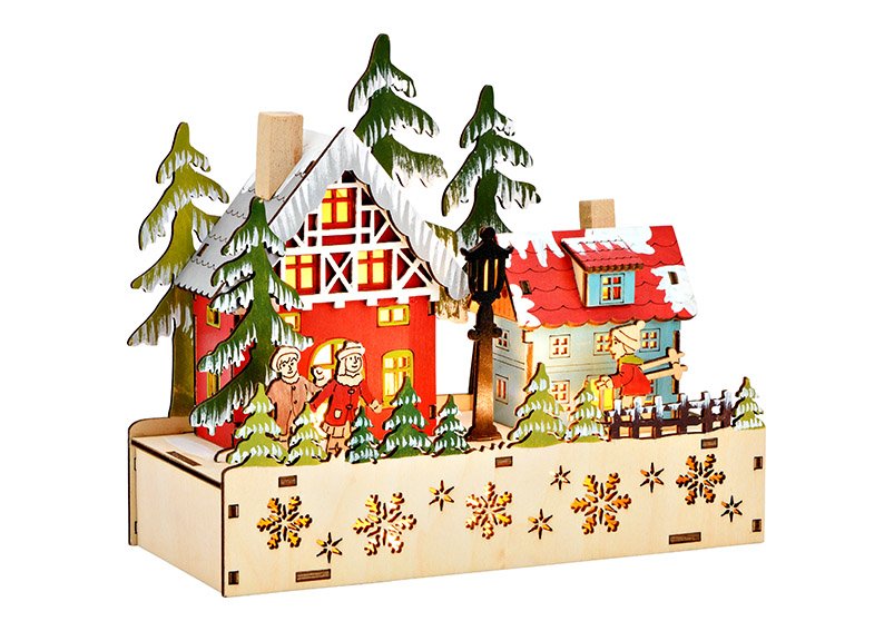 Winter scene with LED, battery operation 2xAA not included, double function battery box with timer made of wood colorful (W/H/D) 20x17x8cm
