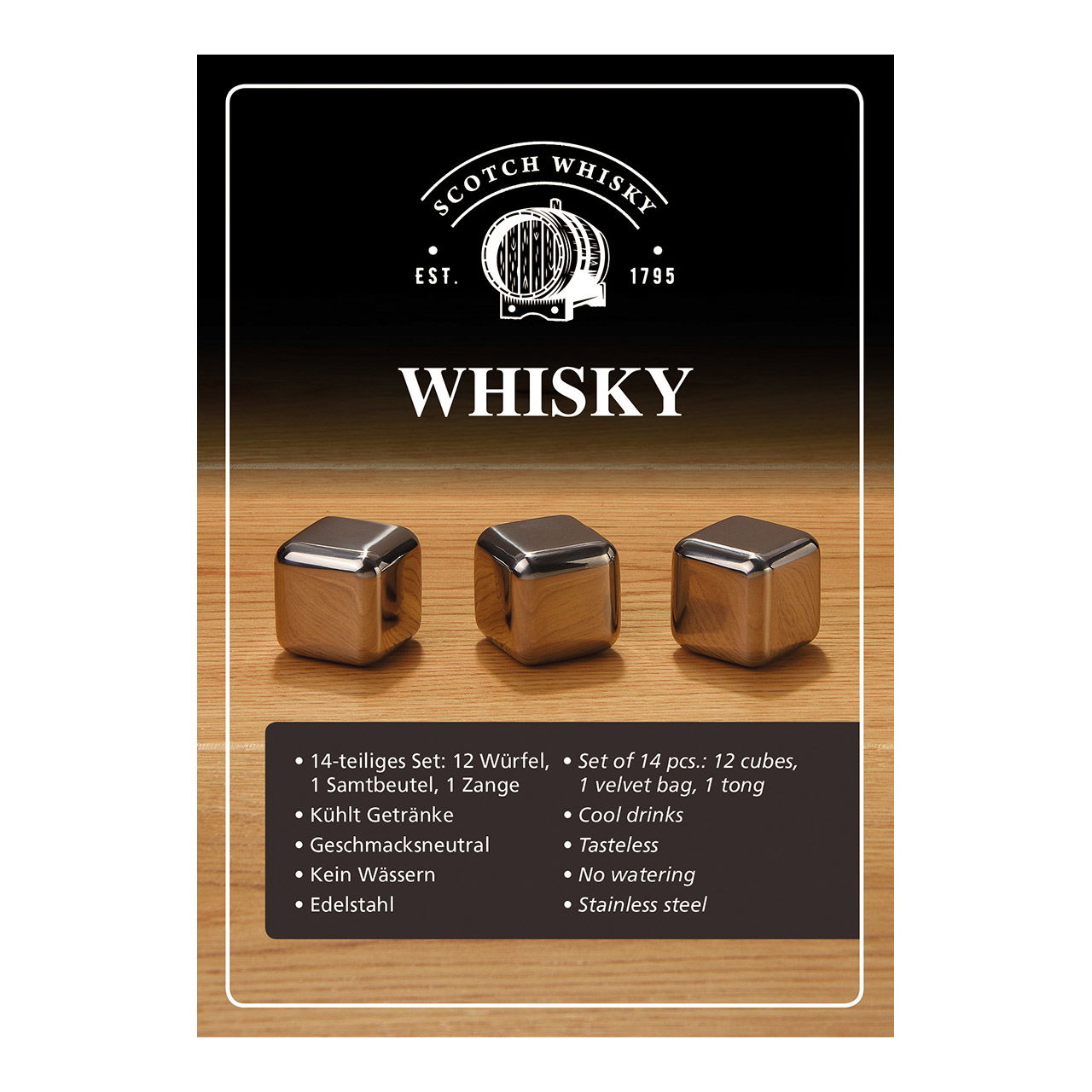 Whisky Eiswürfel 12er Set aus Edelstahl 2,7cm, 12 Würfel, inkl. Zange + Samtbeutel, in Holzbox
