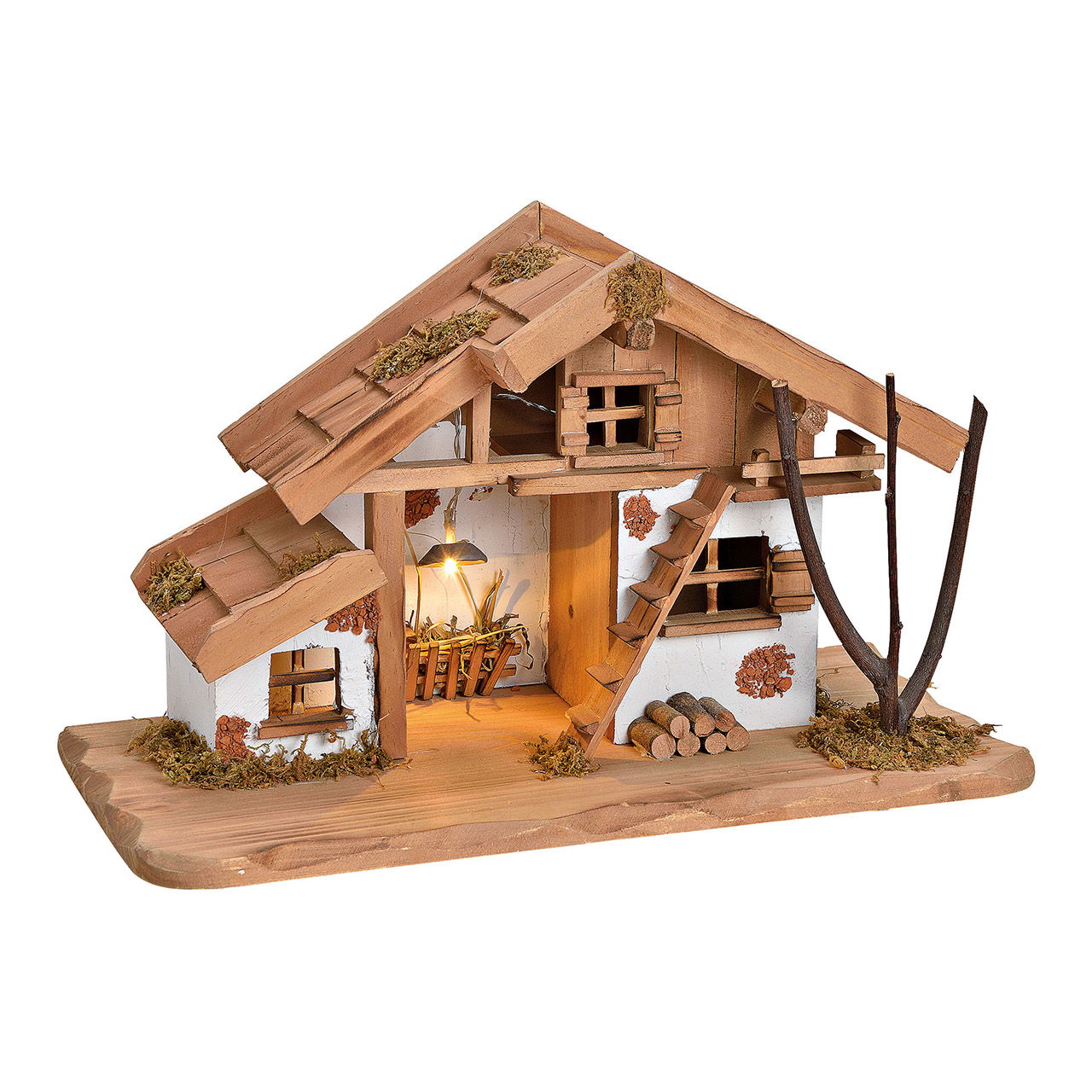 Krippenhaus mit LED Beleuchtung aus Kiefernholz, MDF Natur (B/H/T) 39x23x19cm