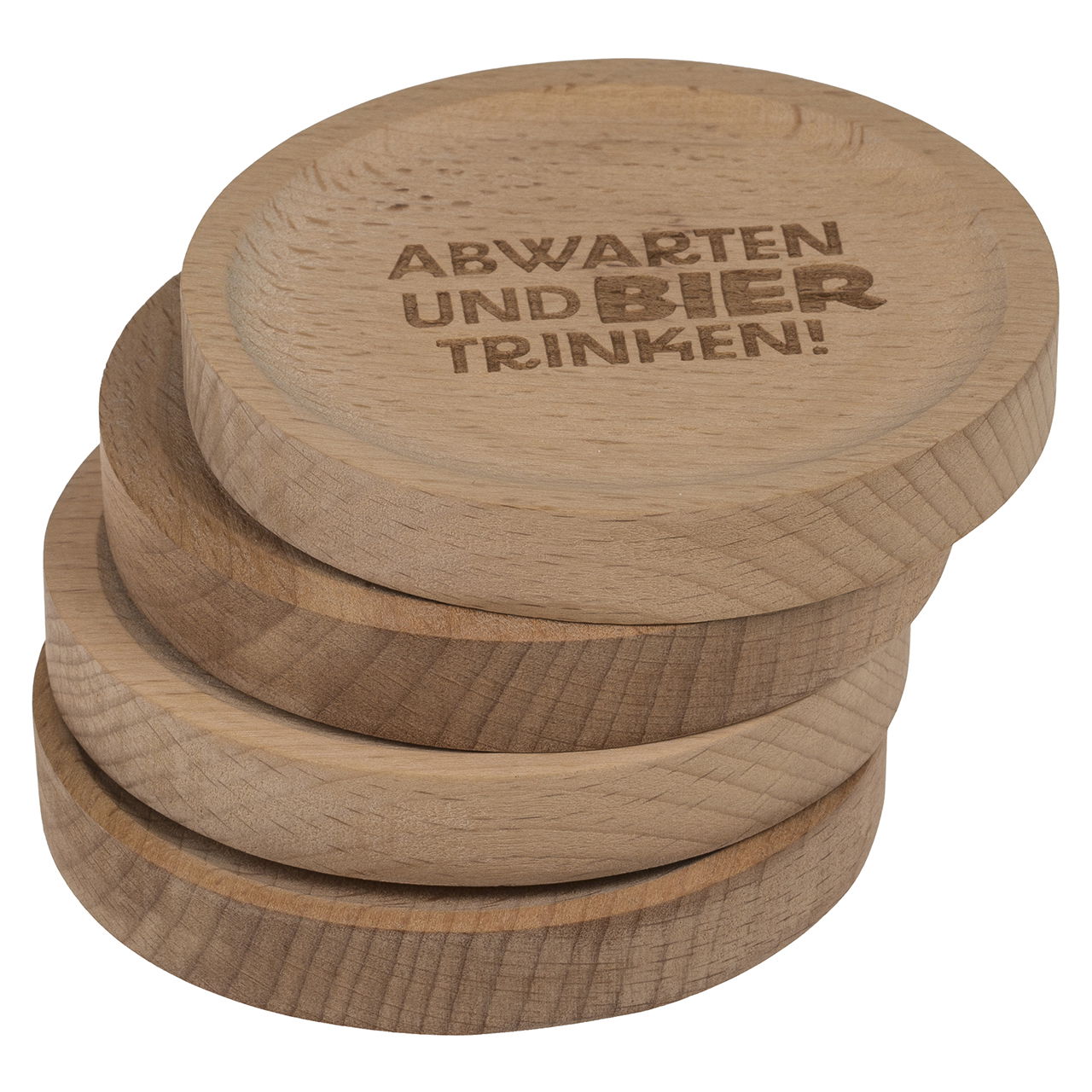 Posavasos con refrán y abrebotellas de madera, cuádruple, natural (ancho/alto/alto) 8x1x8cm 24pzs. en expositor Krug, Töpferei, Holz