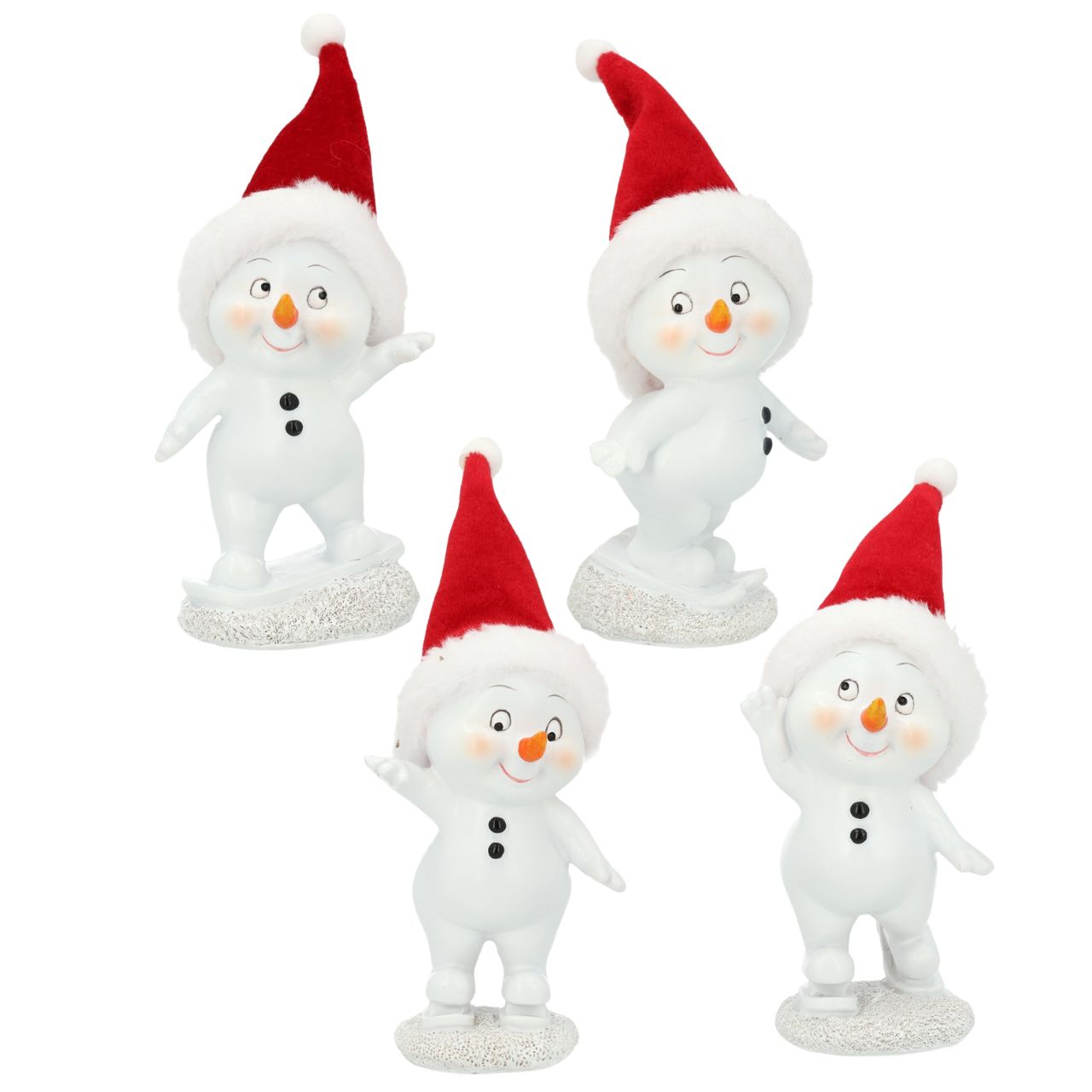 Schneemann aus Poly Weiß 4-fach sortiert (B/H/T) 6x11x8cm Schneemann, Winterdeko, Figur, Kunststoff, rot-weiß