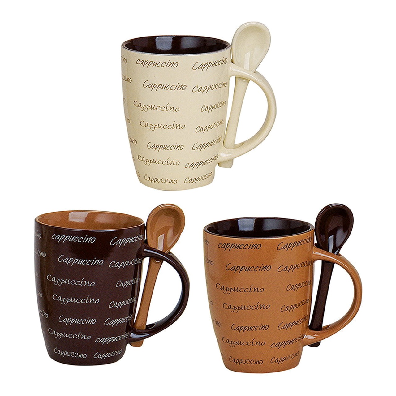 Tazza da cappuccino con cucchiaio, in ceramica, assortita, 10 cm 250ml Cappuccinotasse, Keramik, Löffelhalter, Schriftmuster, Mehrfarbig