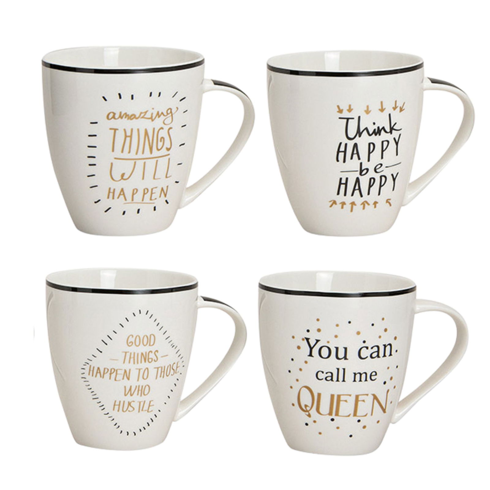 Jumbobecher Sprüche aus Porzellan, 4-fach sortiert, 11 cm, 400 ml Pokal, Porzellan, Töpferei, Kaffee, Kaffeetasse